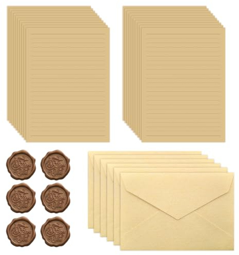 Vintage Letter Writing Set, 6 Envelopes, 20 Kraft Lined Papers, 6 Wax Seal Stickers, Elegant Stationery for Weddings, Birthdays, Greeting Cards(Combination 5)