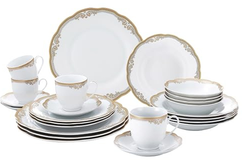 Lorren Home Trends Catherine 24 Piece Porcelain Dinnerware Set, Gold