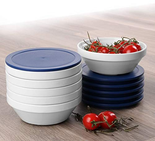Holst Porzellan GVR 014 SET 12 Vorratsdose/Vorratsschale rund 0,45 l stapelbar mit Deckel blau, weiß, 14 x 14 x 5.6 cm, 6 Einheiten