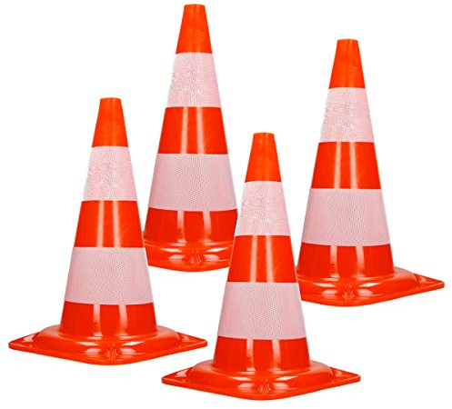 ECD Germany 4X Cônes Signalisation Pylône, 47cm, PVC Solide, Orange/Blanc, Triangle de Circulation, Marqueur Attention Sécurité, avec 2 Bandes Réfléchissantes, Pylone Cône Avertissement de Parking