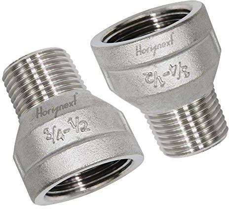 Horiznext NPT Pipe Reducer Adapter, 1/2 Male x 3/4 Female, 304 SS, 2 Pcs | For air, water and gas line applications; threaded design connects fittings and pipes across different nominal sizes.