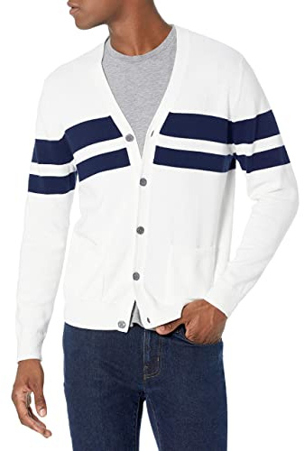 Amazon Essentials Men's Cardigan tröja i bomull, Marinblå Vit Rugbyrand, L