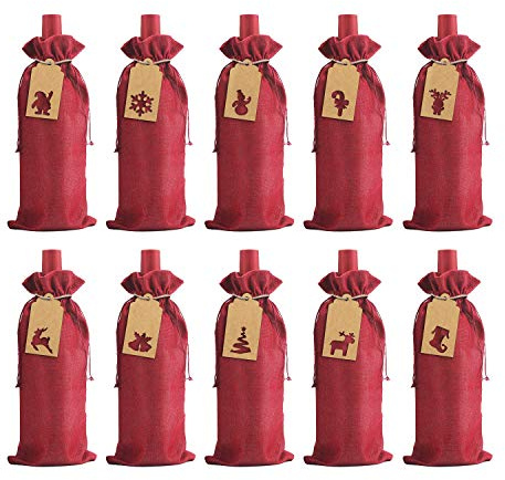 LOKIPA Burlap Wine Gift Bags, 12 Pcs Jute Wine Bottle Bags with Drawstring,Reusable Wine Bottle Covers with String and Tag for Christmas