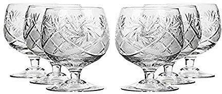 Neman Set of 6 10-Oz Hand Made Vintage Russian Crystal Glasses, Brandy Cognac Snifters, Old-fashioned Glassware