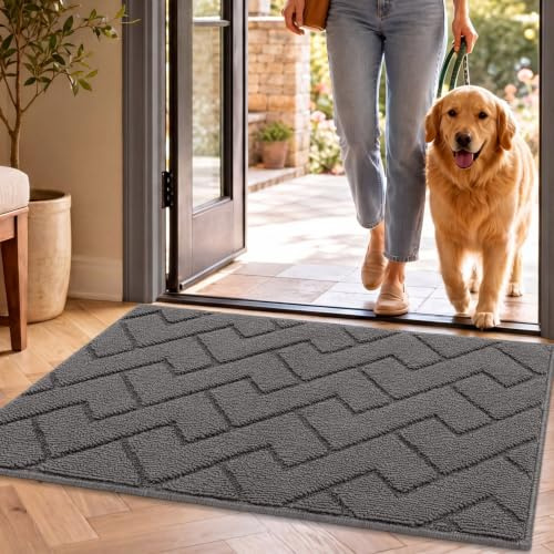 hicorfe Dirt Trapper Indoor Doormat,20x31.5 Welcome Door mat,Non Slip Backing Washable Door Mats,Absorbent and Resistant Low-Profile Entrance Inside Floor Mat for Front Back Door and Entryway (Grey)