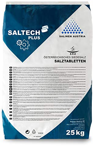 SALTECH Plus Salztabletten im 25kg Sack für Wasserenthärtungsanlagen, Entkalkung & Elektrolyse I Hochreines Regeneriersalz (99,9 NaCl) mit höchster Löslichkeit für sauberes & weiches Wasser