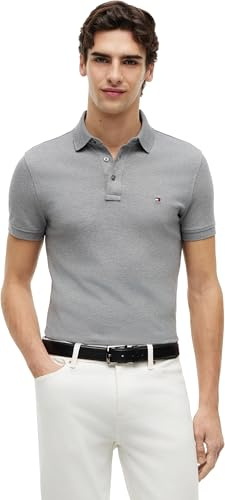 Tommy Hilfiger Herren Poloshirt Kurzarm 1985 Slim Fit, Grau (Medium Grey Heather), L