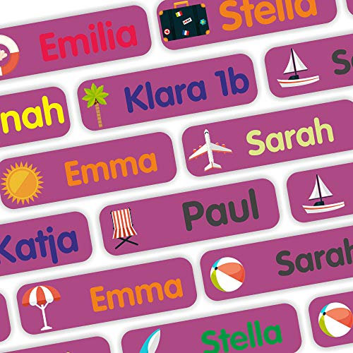 Etiquetas adhesivas con nombres - marcar objetos - 120 piezas - 35x10mm - Vacaciones - Ropa - violeta - impermeable - enfants, école et maternelle - stylos, étuis à crayons, boîte à lunch