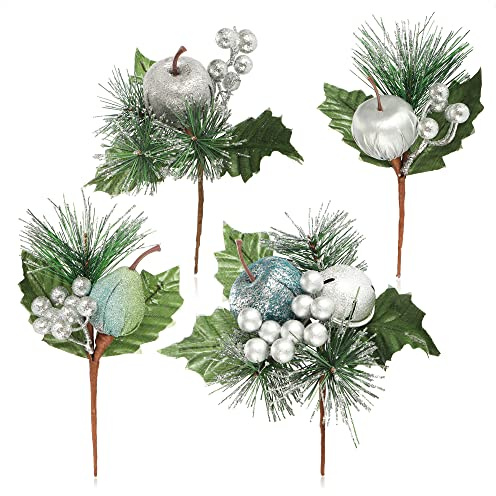 com-four® 4X Deko-Gesteck, dekorative Zweige als tolle Weihnachtsdekoration | schöner Raumschmuck - verschönert Geschenke auch für Kränze und Blumenarrangements DIY