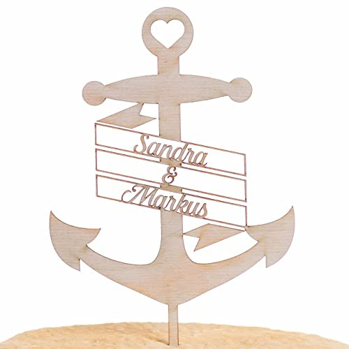Hochzeitideal - Cake Topper Hochzeit personalisiert 'Anker' - Kuchen Deko in Holz - individuelle Cake Topper - Hochzeitstorte Deko (Natur)
