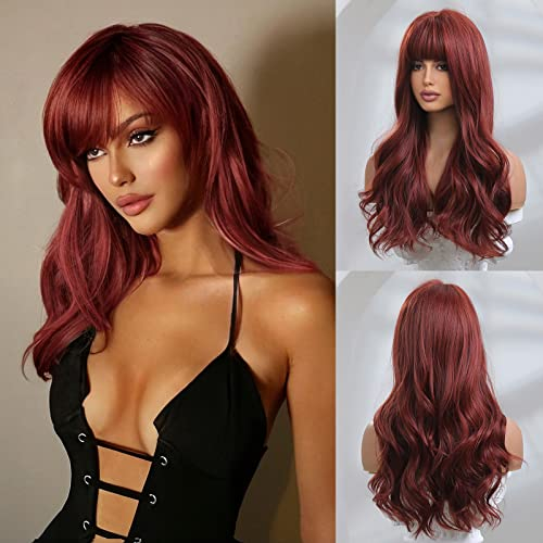 Honygebia - Parrucca color rosso vino con frangia, da donna, ondulata, capelli sintetici realistici, resistenti al calore, adatta per carnevale, cosplay e feste a tema