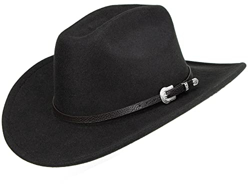 INOGIH Westernhut für Damen und Herren, Cowboy- und Cowgirl-Hut, Fedora Mit Pull-On-Verschluss, Breite Krempe, Schwarzes Design2, MEDIUM
