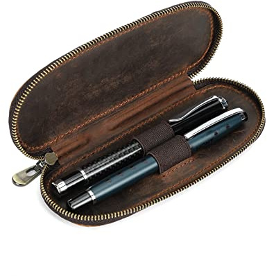 Hiram Pennfodral i läder bärbar pennlåda med dold magnetisk snäppstängning och avtagbar pennbricka design läderpennfodral, Kaffe-1, For 2 Pens, Väskorganiserare