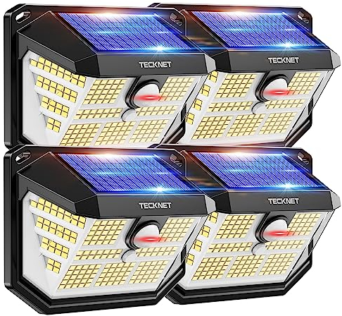 TECKNET Luci Solari Esterno, 231 Faretti Solari a Led da Esterno, 300° Super Luminoso, 3 Modalità con Sensore di Movimento, Lampada da Parete Impermeabile IP65 per Giardino, Patio e Garage - 4 Pezzi