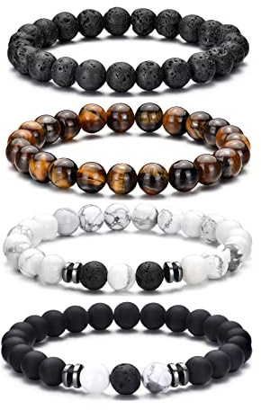 RANKEEF Tiger Eye Bracelet For Men 8MM Natural Stone Beads Bracelet Set Stretch Lava Rock Bracelets Adjustable Black Crystal Beaded Bracelet for Men Women Gifts