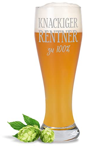 JUNIWORDS Weizenbierglas mit Gravur, Knackiger Rentner zu 100%, Bierglas (1009524)