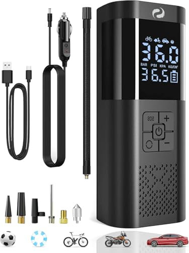 SERVOMASTER Elektrische Luftpumpe, Tragbar Mini Kompressor mit Manometer, Elektrische Luftpumpe Akku 150PSI 12V DC, Luftpumpe Fahrrad mit LED für Auto Motorrad Fahrrad Kugel