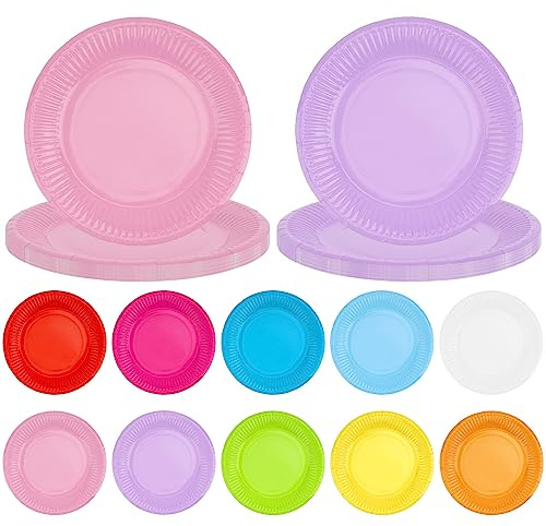 JYUHA 100 Pack Colorful Party Paper Plates | 7 Inch Round Rainbow Coloured Plates for Dinner, Birthday, Picnic & DIY Painting (10 Colors)