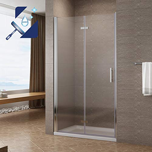 Duschtür 120cm breit Glastrennwand Duschabtrennung faltbar Pendeltür Nischentür Dusche Duschwand Glas Drehfalttür Falttür aus 6mm Nano ESG Glas Verstellbar von 120-123,5 cm Höhe 197 cm