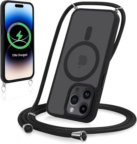 Yoedge Magnetische Handyhülle für iPhone 14 Pro 6,1 Hülle mit Band, Kompatibel mit MagSafe, Matt Transluzente PC + TPU Stoßfest Schutzhülle mit Abnehmbar Handyband Kordel zum Umhängen Case, Schwarz