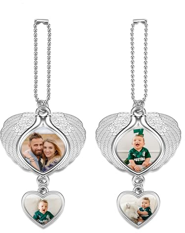 PiercingJak Autospiegel Anhänger mit 4 Foto Gravur Herz Engelsflügel Kugelkette Rückspiegel Aufhänger Auto Dekoration Glücksbringer Amulett Personalisierte Geschenke für Damen Herren