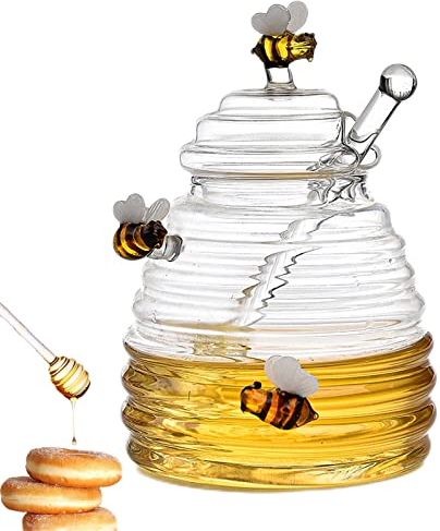 Ristyur Honigtopf Aus Glas, Transparenter Honigspender, Honiggläser Mit Schöpflöffel Und Deckel, 400ml Honigbehälter Aus Glas, Honiggläser Mit Bienenprägung, Bienenstock Honigtopf Aus Glas