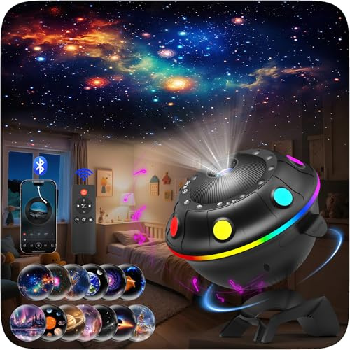 UFO Sternenhimmel Projektor Kinder, Galaxy Projektor mit Timer, Fernbedienung und Bluetooth-Lautsprecher, 15 Weißrauschen- und RGB-Lichteffekte, Geeignet für Kinder und Erwachsene, Sternprojektor.