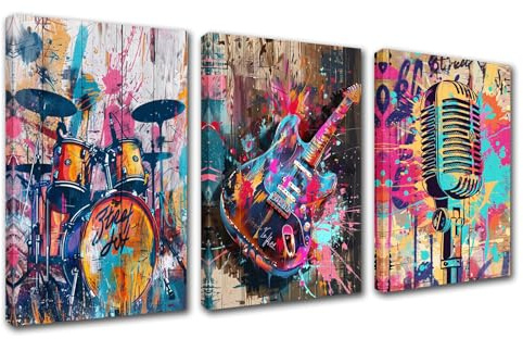 Straßen-Graffiti-Kunstwerk für Wände, Mikrofon-Schlagzeugständer, E-Gitarre, Bilder, Musikinstrument-Gemälde, 3-teilige Leinwand, Banksy-Rockkunst für Wohnzimmer, gerahmt, fertig zum Aufhängen, 121,9