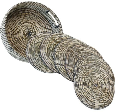 Smart Q Classic Seegras Tischsets, handgewebtes Stroh, natürliche Bio-Ästhetik (Schwarz, 6er Set & Halter)