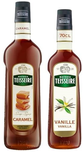 Mathieu Teisseire - Assortiment de Sirop de Caramel (1L) et de Sirop de Vanille (70cl) pour boissons chaudes et froides, cafés, chocolats 2 bouteilles.