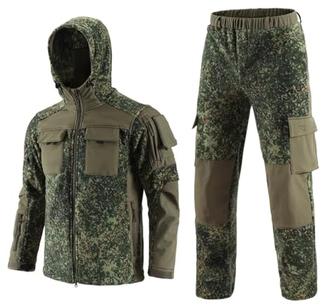 Zadaos Herren Outdoor-Polar-Fleece, taktisches Set, Camping, Wandern, Cargojacke, Militärtraining, verdickter Kapuzenmantel, Freizeithose, Rus Camo, XXL