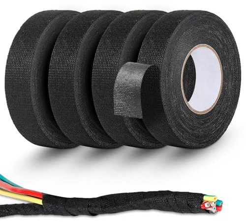 LTMMC 4 Rolls Black Electrical Tape Strapping Tape, Strong Self-Adhesive Fabric Tape, Heat Resistant Insulation Tape For Wiring Harnesses, Repairing and Protecting Wires（19mm x 15m