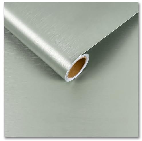 CRE8TIVE Papier Peint Adhesif Vert Sauge 30cm x 200cm Papier Peint en Acier Inoxydable Vinyle Adhesif Texturé Papier Adhesif pour Meuble Cuisine Impermeable Film Adhesif pour Meuble Lave Vaisselle