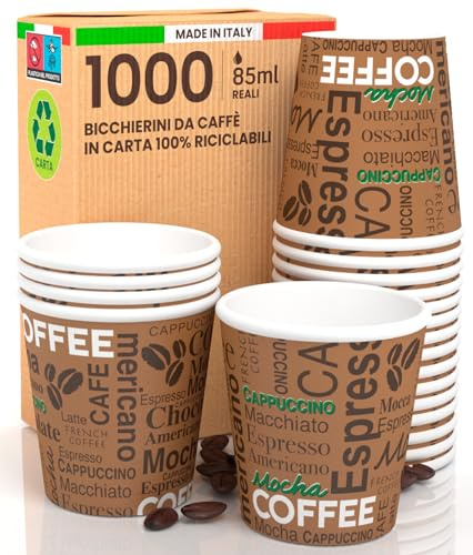 1000 vasos de papel para café, 85 ml, ecológicos, biodegradables, desechables | Fantasía marrón mocha pequeños para llevar bebidas calientes vasos Made in Italy - Fabricado y empaquetado en Italia