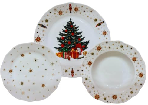 Omniacasa Servizio Piatti di Natale in Porcellana Resistente per 6 Persone: 18 Pezzi, Decorazioni con Albero di Natale Schiaccianoci e Stelle, Rosso e Bianco, Adatto: Lavastoviglie e Microonde.