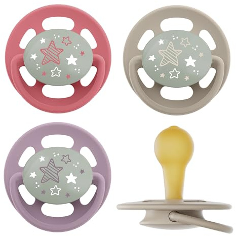 nip – Cherry Green Night | från 6 månader | 4-pack | stillvänlig, tandvänlig babynapp med ljusknapp. Hållbar napp från naturliga råvaror, lila/röd
