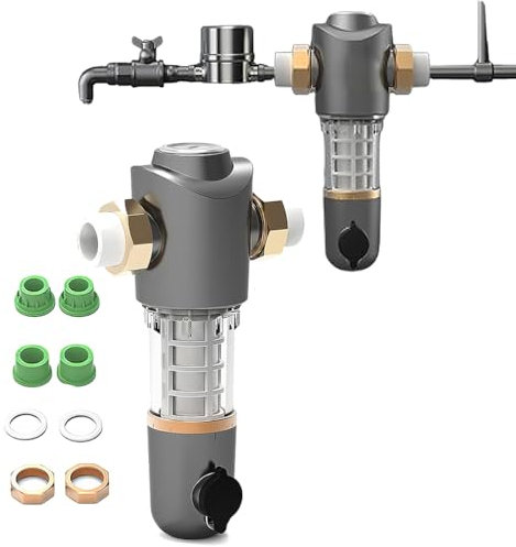 Spin Down Sediment Filter, 40 Micron Sediment Filter for Well Wate, Equipped with Precision Water Pressure Gauge, Can with Stand Temperatures as Low as -30°, Automatic Backwash System