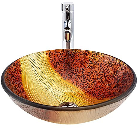Badezimmer-Waschbecken mit Wasserhahn und Abfluss, Kombi-Waschbecken, Aufsatzwaschbecken aus gehärtetem Glas, rund, handgefertigt, Kunst-Aufsatzwaschbecken, Kunstbecken, Dicke 12 cm