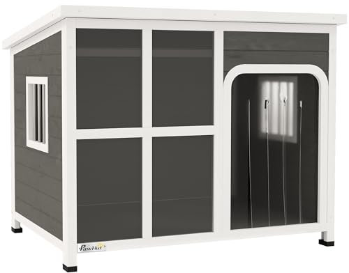 PawHut Outdoor Dog Kennel, Wooden Dog House with Asphalt Openable Top, Removable Floor, Clear Front Panel, Curtain, Windows, Dog Shelter for Small, Medium, Large Dogs, 103 x 77 x 83cm, Light Grey