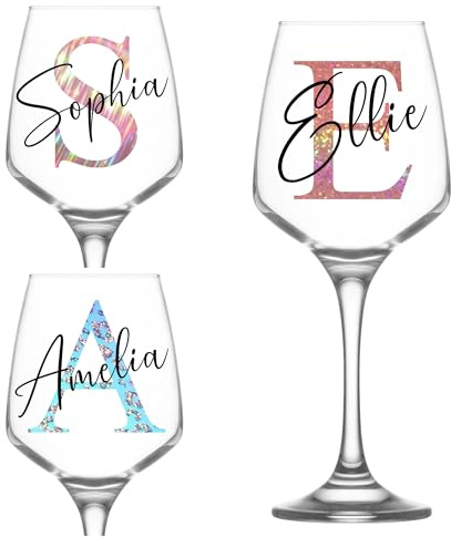 The Personalised Gift Cove Personalised Initial And Name Wine Glass 400ml Round Glass Vinyl-Coated Minimalist Birthday Party Gift For Adults