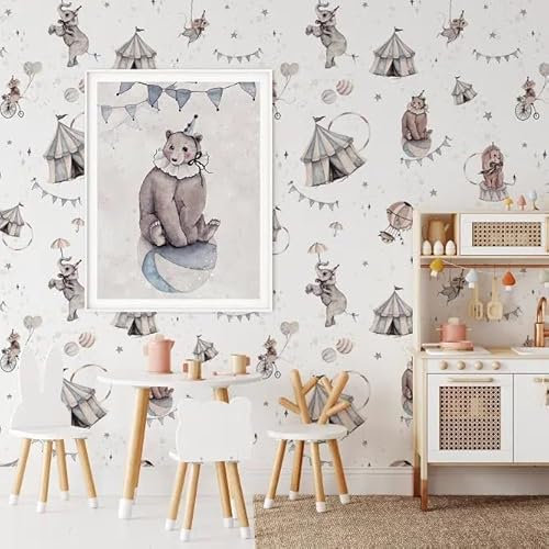 Kindertapete Zirkus, Muster Grauzelte und Zirkustiere, Wanddekoration für Kinderzimmer