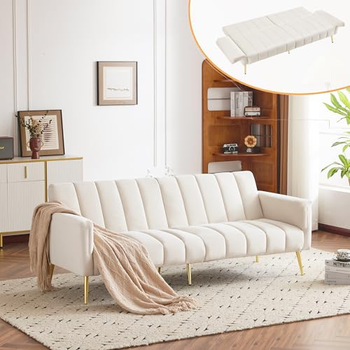 Zepneiy Sofa 2 Sitzer Modernes Doppel Klappbares Schlafsofa, Multifunktionssofa mit Verstellbare und Rückenlehne Hilfsfüßen,Wohnzimmer Möbel Sofa mit Schlaffunktion, Samtstoff Beige