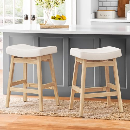LUE BONA Barhocker 2er Set, 61 cm Hoch, Küchenhocker mit Stoff Sitzfläche und Fußstütze, Bar Hocker mit 4 Holzbeinen, Moderner Barstuhl für Küche, Wohnzimmer, Bar, Beige, in Leinenoptik