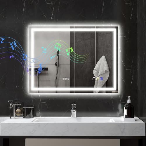 HOMCOM Badspiegel mit Beleuchtung 80x60 cm LED Spiegel Uhr Silber | Wandspiegel, Bluetooth-Musikfunktion, Memory-Funktion, 3 Lichtfarben, Beschlagfrei, Touchschalter