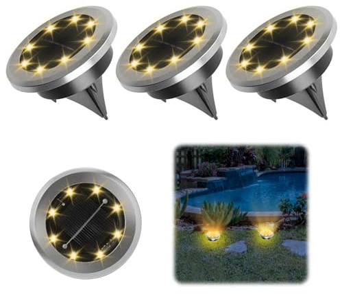 4PCS Solar Lights Outdoor Garden, Solar Ground Lights with 8 LED Warm White Lamps, IP44 Waterproof Decking Light Solar Powered for Lawn, Patio, Pathway, Driveway, Garden Floor Lighting Decoration