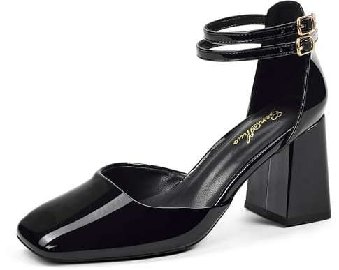 GENSHUO Escarpins à Talon Bloc pour Femme, Bride Cheville Double, Bout Carré, Talons Élégants et Confortables pour Tenue Habillée, Noir Verni, 42 EU