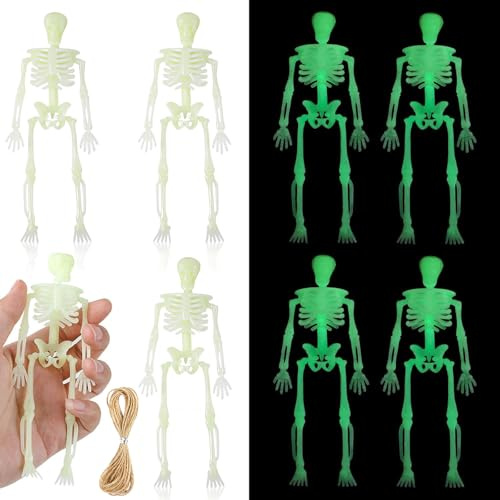 8 Stück Halloween Mini Skelett Leuchtend, Skelett Halloween Deko Leuchtendes Skelett Klein, Kleines Skelett Deko, Mini-Skelettmodell mit Hanfseil für Halloween-Partys und Spukhaus-Requisiten