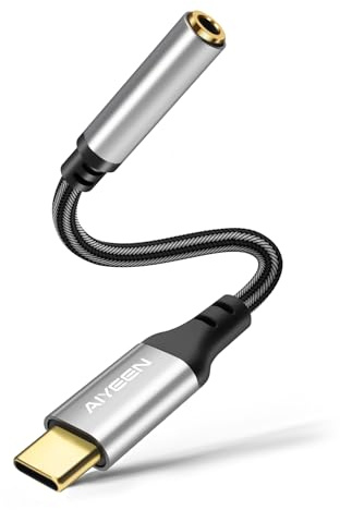 AIYEEN Adaptateur Casque Type-C vers 3,5 mm, câble convertisseur stéréo USB-C vers auxiliaire Silver avec Puce de Carte Son DAC Haute résolution, Nylon tressé, 13 cm – Argent