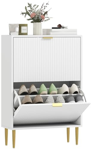 HOMCOM Zapatero Estrecho con 2 Puertas Acanaladas Zapatero Entrada Recibidor con Estantes Ajustables para 12 Pares de Zapatos 60x24x91,5 cm Blanco