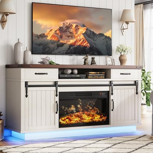 Fireplace TV Stand for TVs up to 65, Electric Fireplace with 3D Flame, Farmhouse LED Light Entertainment Center with Sliding Barn Door, Media Console with Storage Cabinets for Living Room (White)